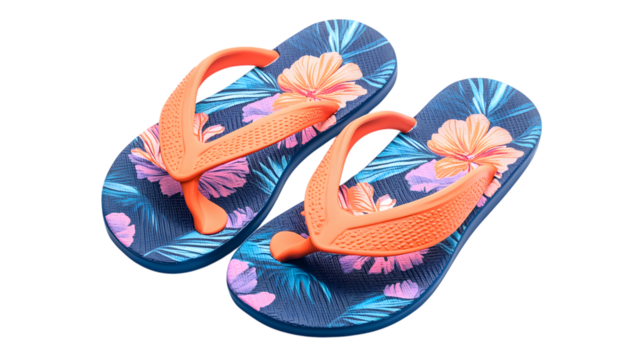 Stylish floral flip flops, isolated on white background.
