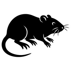 Silhouette illustration of a rat in black, showing its long tail, small ears, and whiskers. Perfect for use in educational materials, pest control icons, biology and zoology projects, logos, stickers.