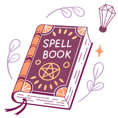 Purple spell book with pentagram and glowing stars