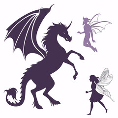 Purple winged unicorn dragon and fairies silhouettes