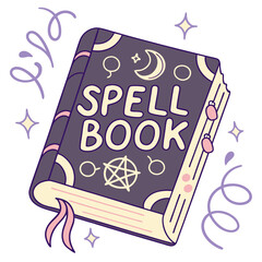 Purple spell book with glowing letters and celestial symbols