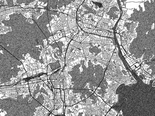 Fototapeta premium Hand-drawn style black and white city map of Busan, Republic of Korea, with detailed streets and textures.