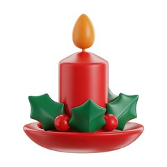 Red christmas candle decoration with holly and berries