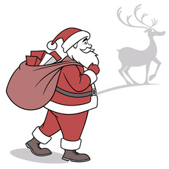 Santa Claus walking with reindeer silhouette on white background