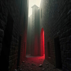 Mysterious Stone Passage with Eerie Red Light
