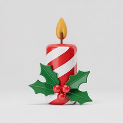 Festive red and white striped christmas candle with holly and berries