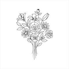 Decorative flower bouquet vector design, elegant floral sketch line art, romantic botanical illustration