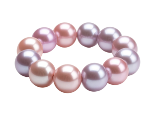 Close-up of a circular bracelet made of iridescent, pink and white pearls