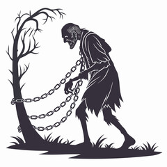 Silhouette of a chained ghost by a bare tree chains