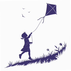 Silhouette of a child flying a kite on a white background 1