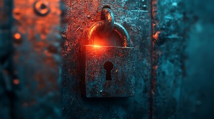 Aged metallic padlock affixed to a corroded surface, accentuated by dramatic lighting