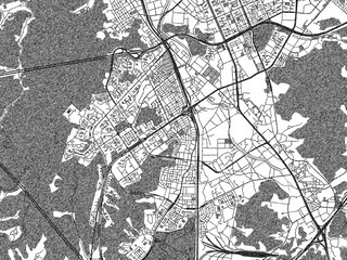 Fototapeta premium Black and white illustrated map of Gunpo, Republic of Korea, with streets, rivers, and neighborhoods.
