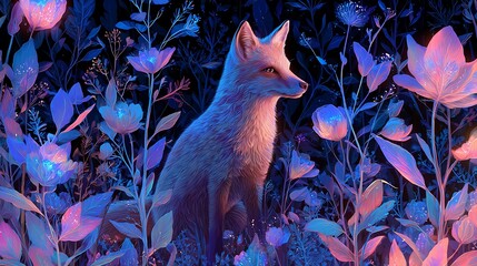 A magical fox surrounded by glowing woodland flowers 