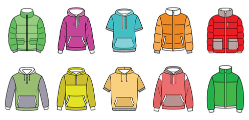 Colorful Winter Jackets and Hoodies Vector Collection, Winter Jackets Collection, Colorful Hoodie Set, Puffer Coat Vector, Fashion Outerwear Design, Casual Sweatshirt Bundle
