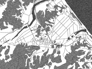 Monochrome hand-drawn map of Kosong, Republic of Korea, ideal for decorative and editorial use.