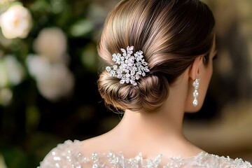 A bridal updo with a low, neat chignon, adorned with crystal accents for a refined and elegant look