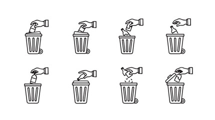Set of hand icons throwing trash into a bin step-by-step sequence clean environment concept vector