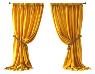 Two vibrant golden curtains pulled back with rope ties on a transparent background