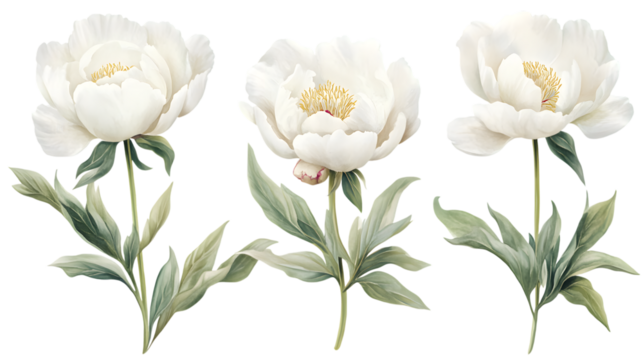 Elegant white peonies with delicate leaves, perfect for spring designs and floral themes, adding a touch of natural beauty and serene elegance.,isolated on white background.
