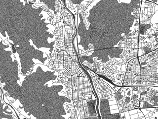 Black and white illustrated map of Suncheon, Republic of Korea, with streets, rivers, and neighborhoods.