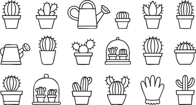 Gardening vector icon pack with cactus, succulents, and potted plants