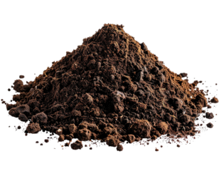 A pile of rich, dark brown soil, with varied textures and subtle highlights