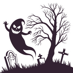 Spooky ghost in graveyard with bare tree and tombstones