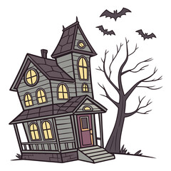 Spooky haunted house with bats and bare tree vector graphic