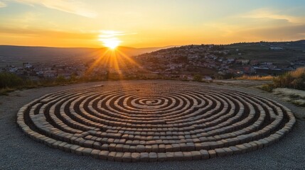 Dramatic sunset illuminates stone labyrinth overlooking Tuscan townscape