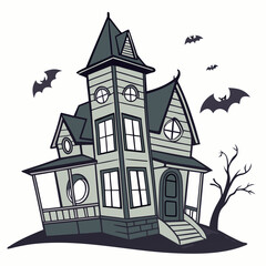 Spooky haunted house with bats and bare tree vector