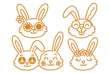 Obraz premium Happy Easter groovy hippie set. Collection of Easter bunny faces in trendy 70s retro style. Cute linear hand-drawn vector cartoon rabbits with flowers and peace signs.