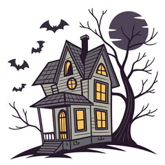 Spooky haunted house with bats and full moon vector