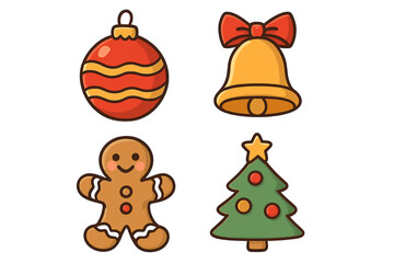 Christmas icon set vector cartoon. Holiday graphic element collection. Festive symbols for winter celebration. Gingerbread man, xmas tree, jingle bell, and ornament bauble.