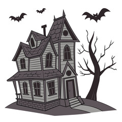 Spooky haunted house with bats and bare tree vector illustration