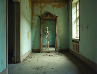 Skeleton Reflecting in an Old Mirror