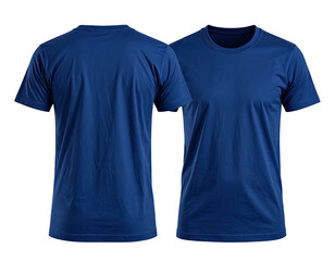 Front and back view of a plain, dark blue crewneck t-shirt on a black background
