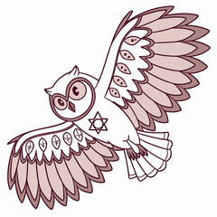 Stylized owl with star of david and mystical symbols