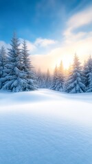 A serene winter landscape featuring snow-covered pine trees under a bright sky at sunrise, ideal for promoting winter travel, nature conservation, or seasonal holidays,