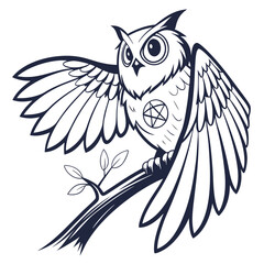 Stylized owl with wide eyes and pentagram on branch