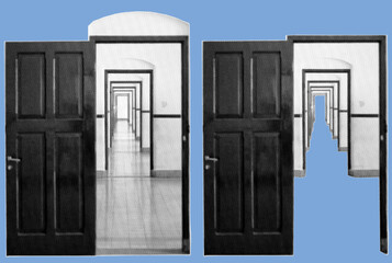 close up of infinity open door pixelate grayscale color halftone dotted texture style collage element isolated on blue background