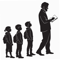 Teacher reading to students silhouette on white background