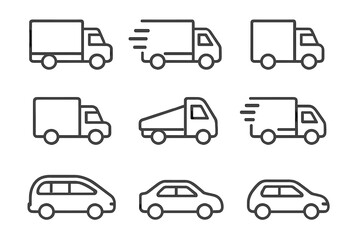 Delivery truck, van, and car line icon set. Transport vehicles collection for logistics and shipping services. Fast delivery concept. Editable stroke vector icons for web.