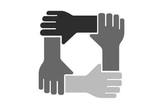 Four diverse hands holding each other, teamwork, community concept. Vector icon for racial equality, support, charity, partnership, unity, connection, social friendship.