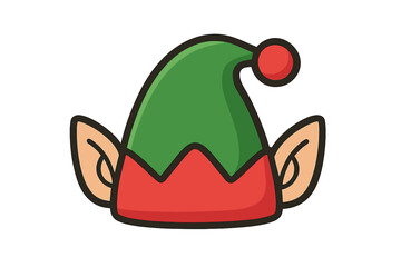 Cartoon elf hat with ears vector icon. Christmas festive accessory for a costume. Santa's little helper green hat with red pompom. Fantasy pixie or gnome character element.