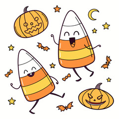 Two dancing candy corn characters with pumpkins bats and stars