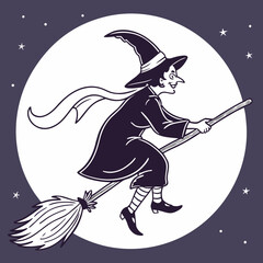 Witch flying on broomstick against full moon and stars 1