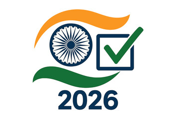 Indian General Election 2026. Vote India. Tricolor flag background with Ashoka wheel. Check mark symbol for political voting. Democracy and patriotism concept vector illustration.