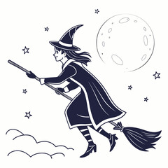 Witch flying on broomstick against full moon and stars
