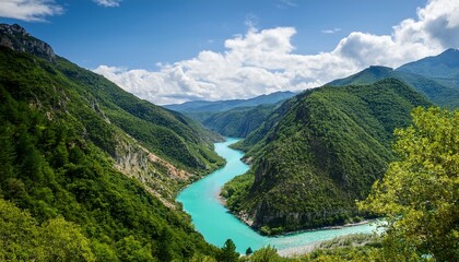 Naklejka premium Turquoise River Winding Through Lush Green Mountains
