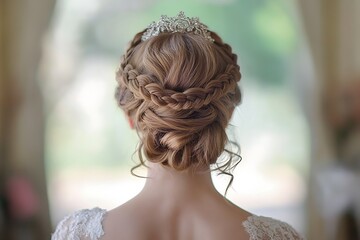 A bridal updo with an elegant, braided crown and soft curls falling from the sides, captured in high-definition detail